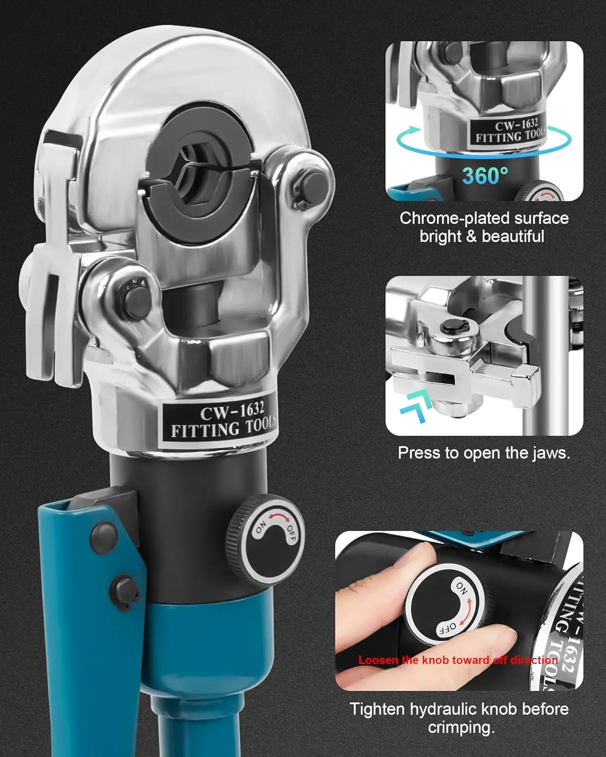Hydraulic Stainless Steel Crimper Kit with 1/2' 3/4' 1' Jaw Tee Copper Fitting Pex Pipe Press Crimping Tool for Narrow Spaces