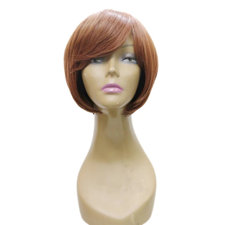 Novelties Wholesale High Fibre African Brown Bangs Blend Wig Pixie Curls Blunt Cut Colored Synthetic Hair Short Bob Ladies Wigs
