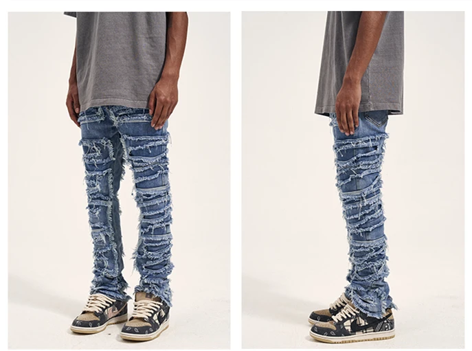 OEM FOG private label blue fashion brand drop shipping stock ripped patch jeans men