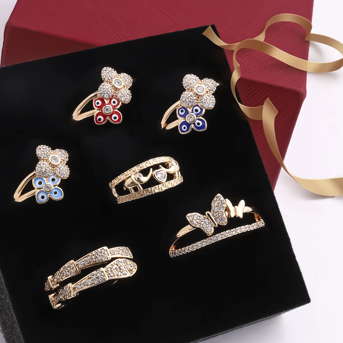 Trendy zircon rings jewelry copper 18K gold plated evil eyes snake elephant butterfly ring for women oro laminado mujer anillo