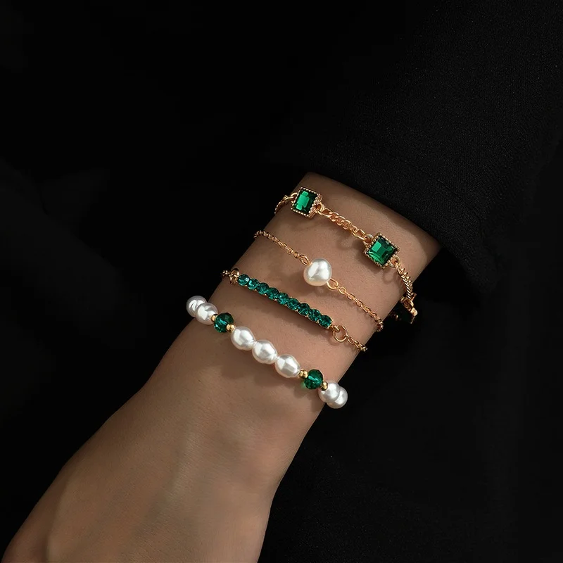 4Pcs/set Elegant Imitation Pearl Beaded Bracelets Women Noble Green Simulation Crystal Bracelet Femme Jewelry Party Gift