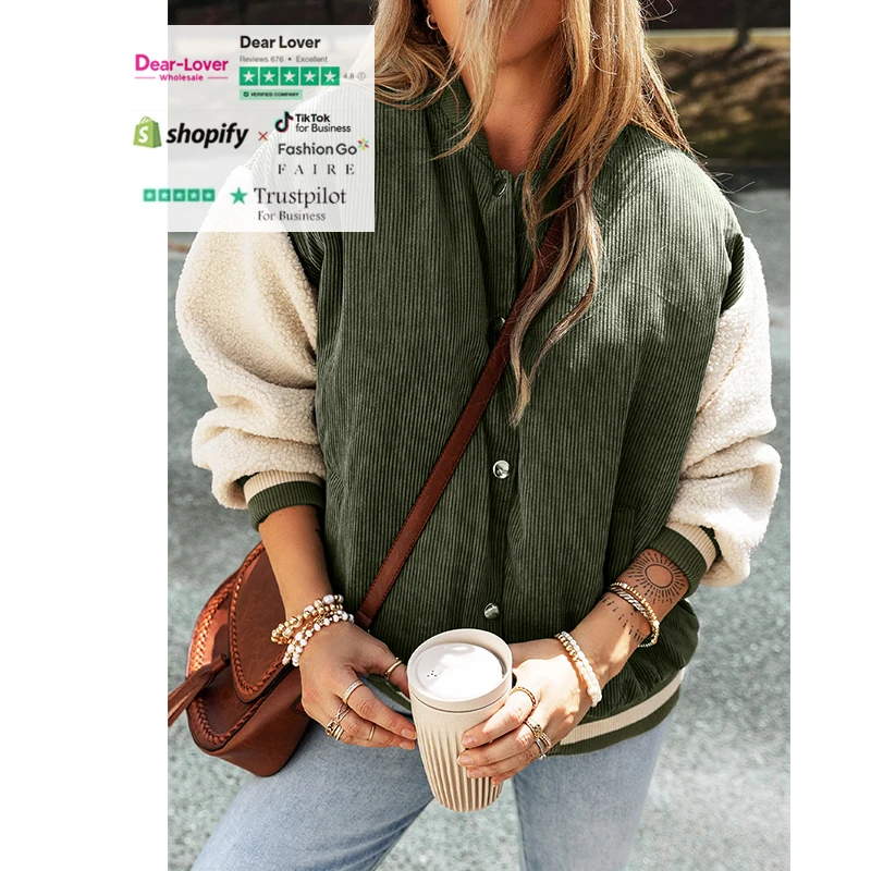 Dear-Lover Mist Green Corduroy Fleece Patchwork Buttoned Bomber Women Jacket Winter