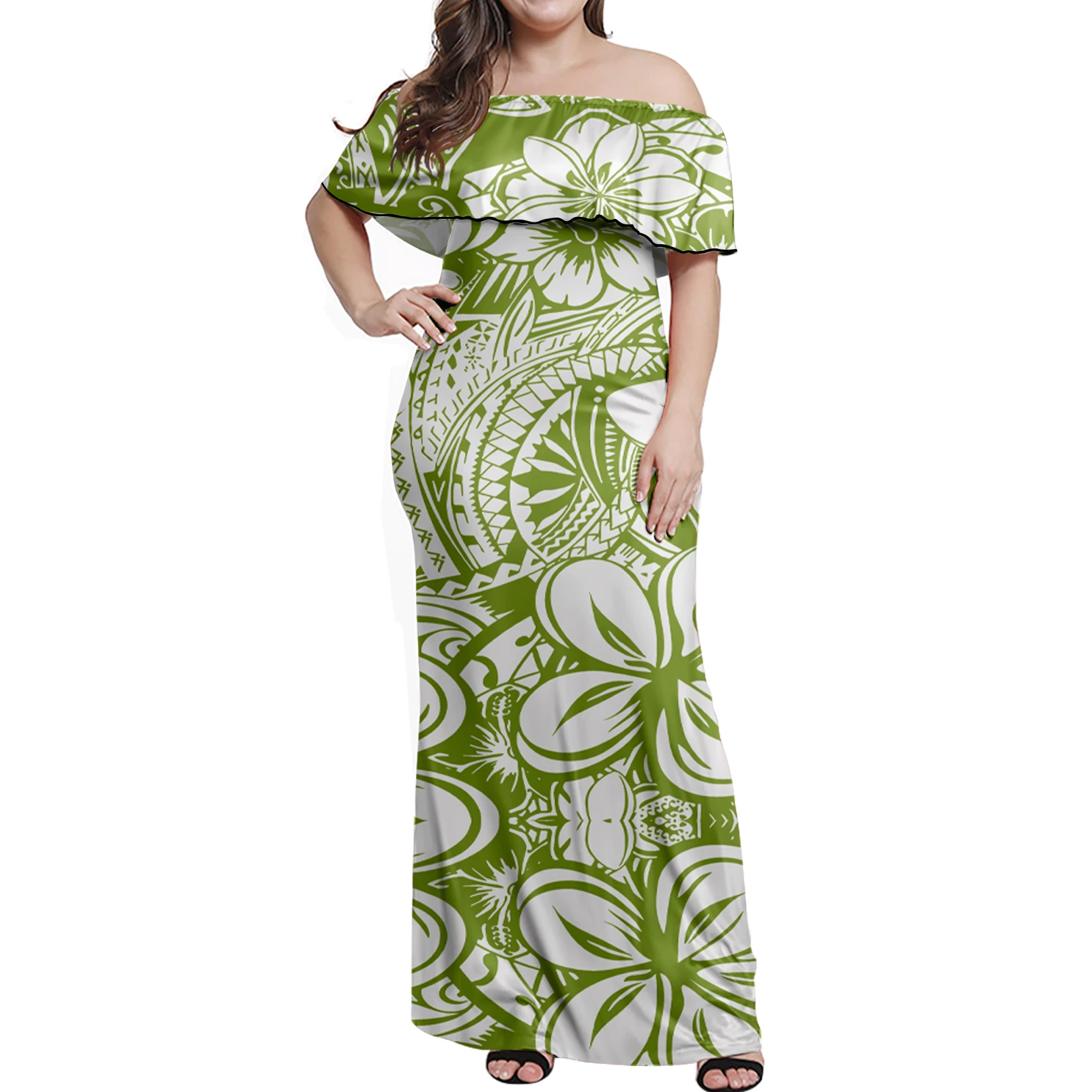 
Women Off Shoulder Green Dress 2021 Polynesian Tribal Design Hibiscus Printed Sexy Fitted Dress Stretched Material High Quality 