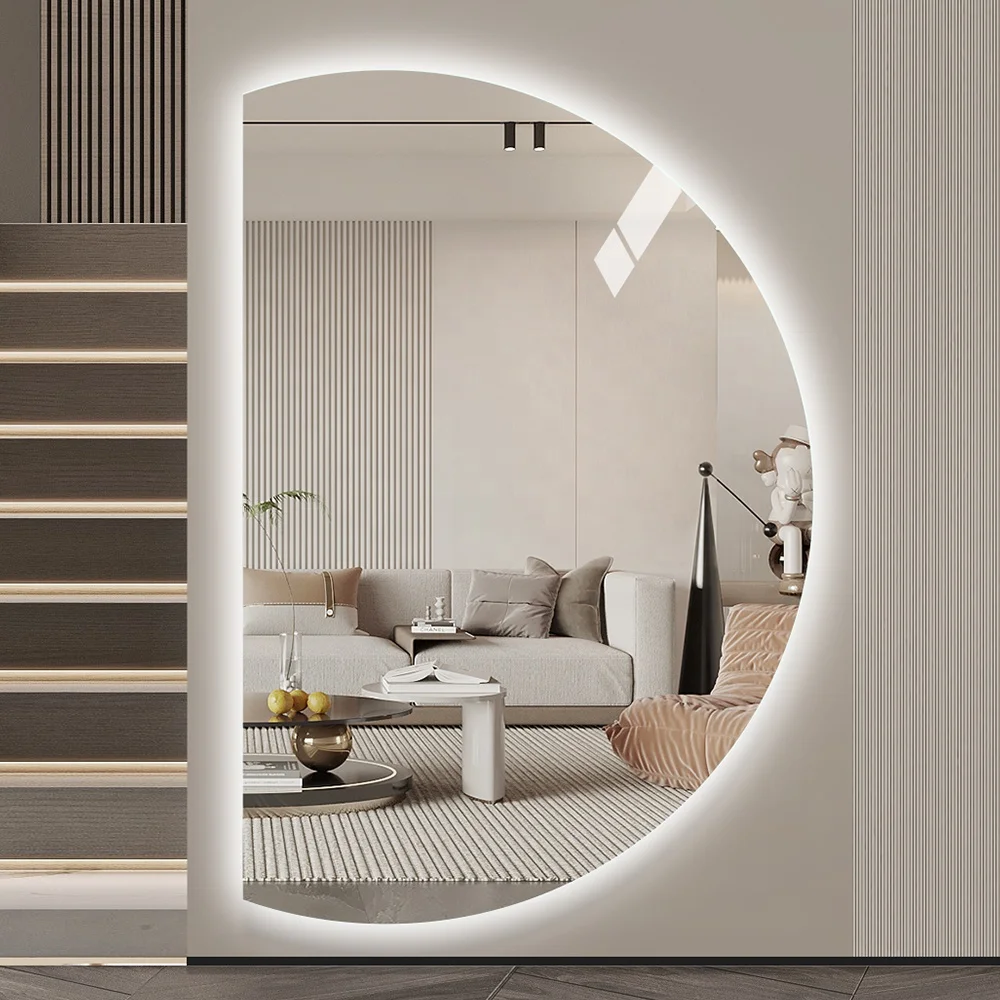 Modern LED Smart Mirror with Irregular round Half Moon Design Wall Mirror For Home Hotel Bedroom Decor Touch Sensor