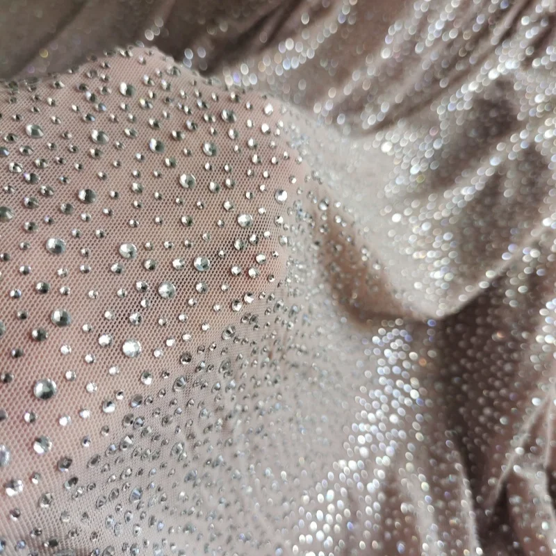 Popular Basic Style White Crystal Nude Elastic Mesh Fabric with Different Sizes of Rhinestones