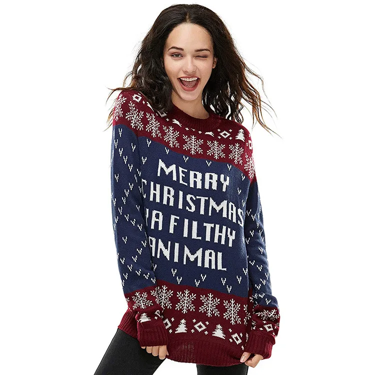 Custom Men and Women Christmas Loose Casual Long Sleeve Round Neck Pullover Animal Pattern Letter Jacquard Knit Sweater