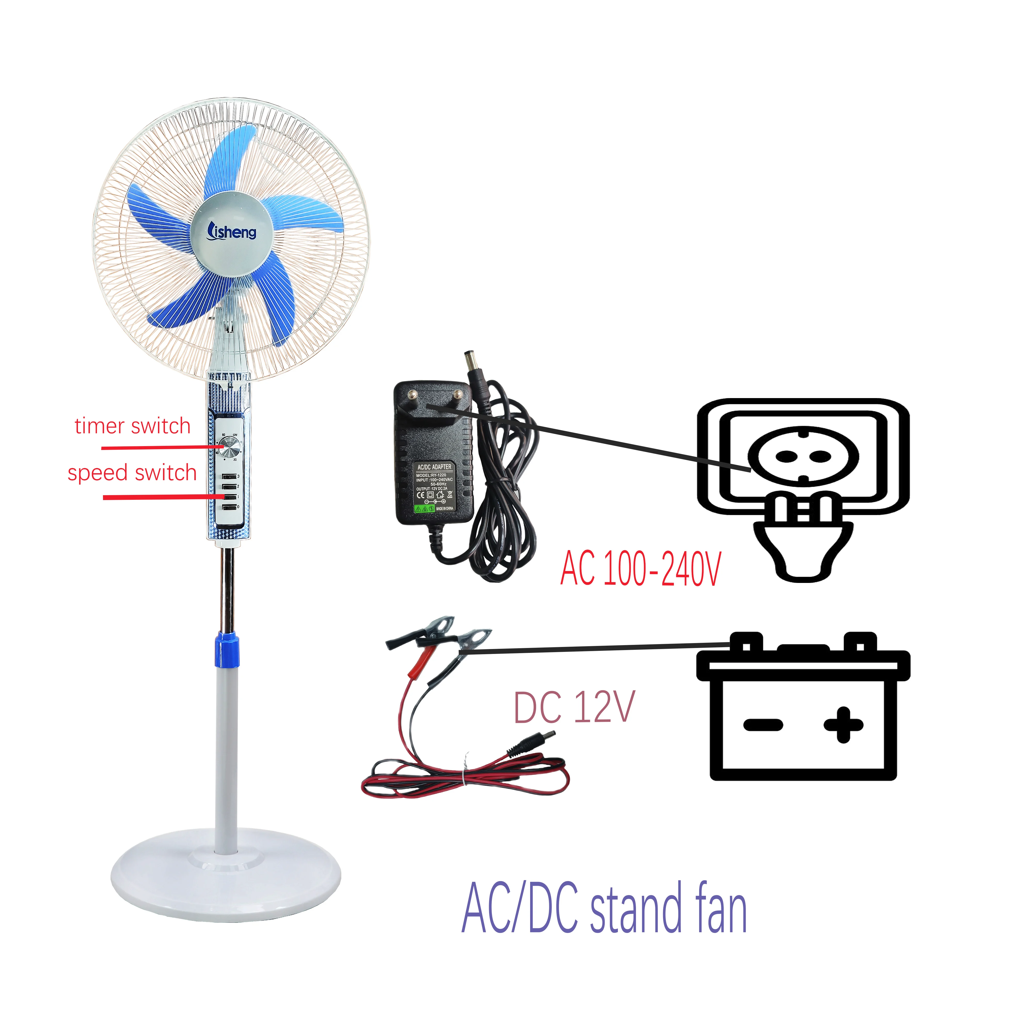 DC 12V Brush  Full Copper Motor Stand Fan 16 Inch 1h Timer  AC/DC Solar Stand Fan with Adapter and Battery Cilp