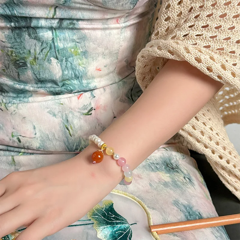 High Quality  Pink Beryl Natural Morganite Stone Bracelet Pearl Bangles For Women Men