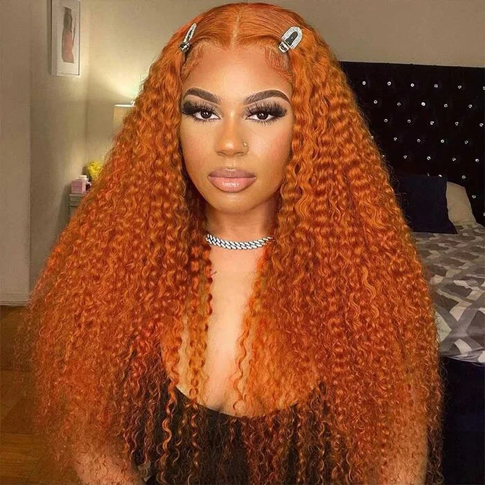 Hair 13*4 full frontal big lace area ginger orange color human hair 1 piece 26inch wig brazilian human hair water wave wig