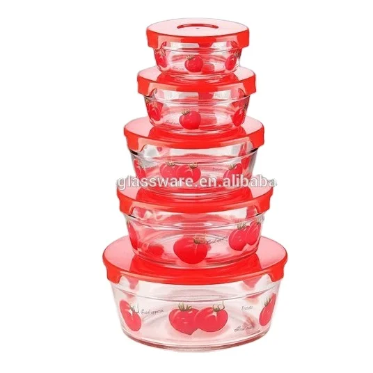 Promotion150ml-1000ml  lead free 5 pcs glass bowl set with plastic lid custom printing