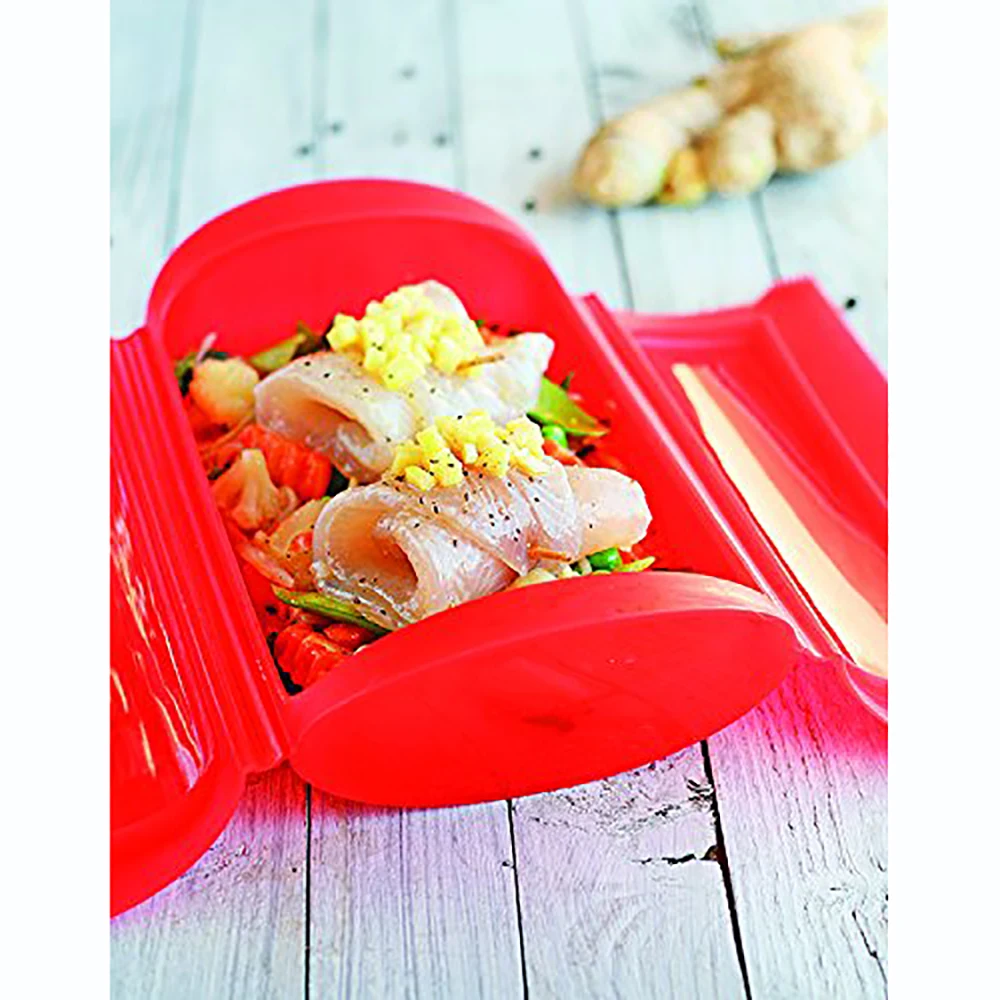 Amazon Hot Professional Cooking Tools Custom Food Fruit Vegetable Basket Microwave Silicone Steam Case With Draining Tray