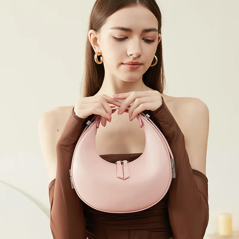 Femme Designer Buffed leather top handle bag Hobo Shoulder Bag Adjustable press release shoulder strap shoulder half moon bag