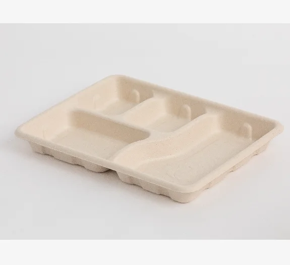 Customizable 4 Compartment Disposable Bamboo Fiber & Sugarcane Bagasse Biodegradable Tableware Food Serving Tray
