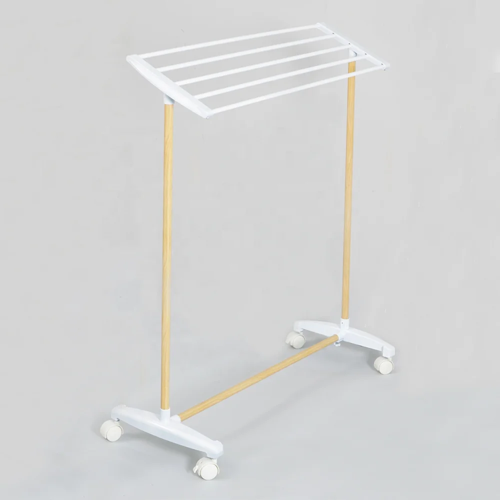 BAOYOUNI Metal Rolling Towel Rack Clothes Drying Stand Blanket Pants Laundry Rack 5 Bars Hanging Rod On Wheels (White+Brown)