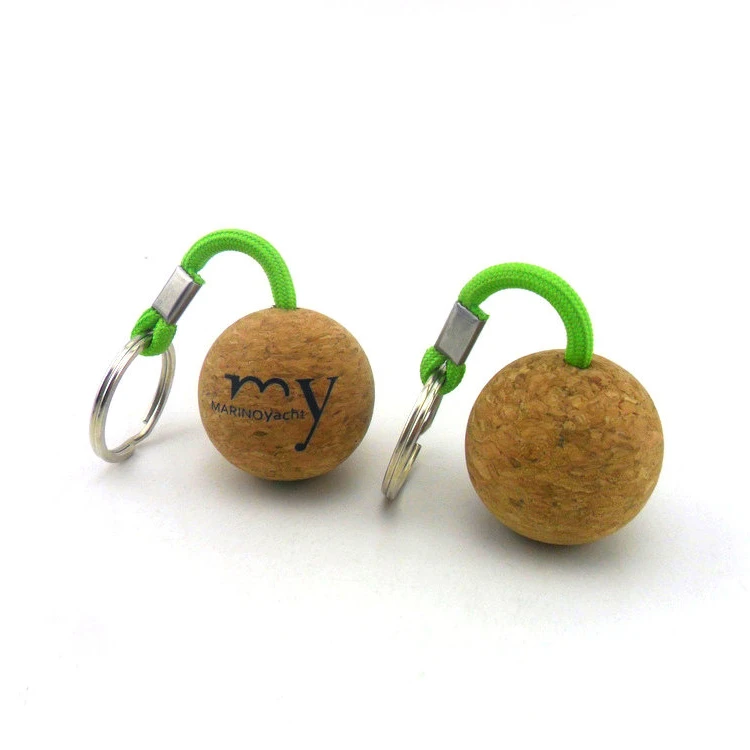 wholesale logo 50mm 35mm round 3d ball key ring with cork ball cork and metal keychain wood keychain cork keychain