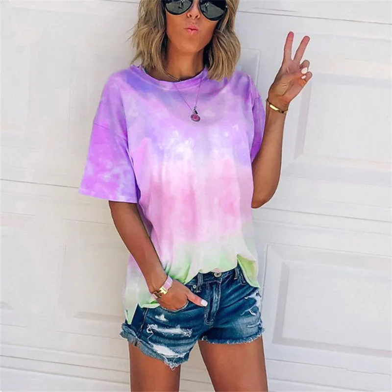 
2021Custom top selling Summer New Products Loose Tie Dye T Shirt Printing Designer T Shirt Women 