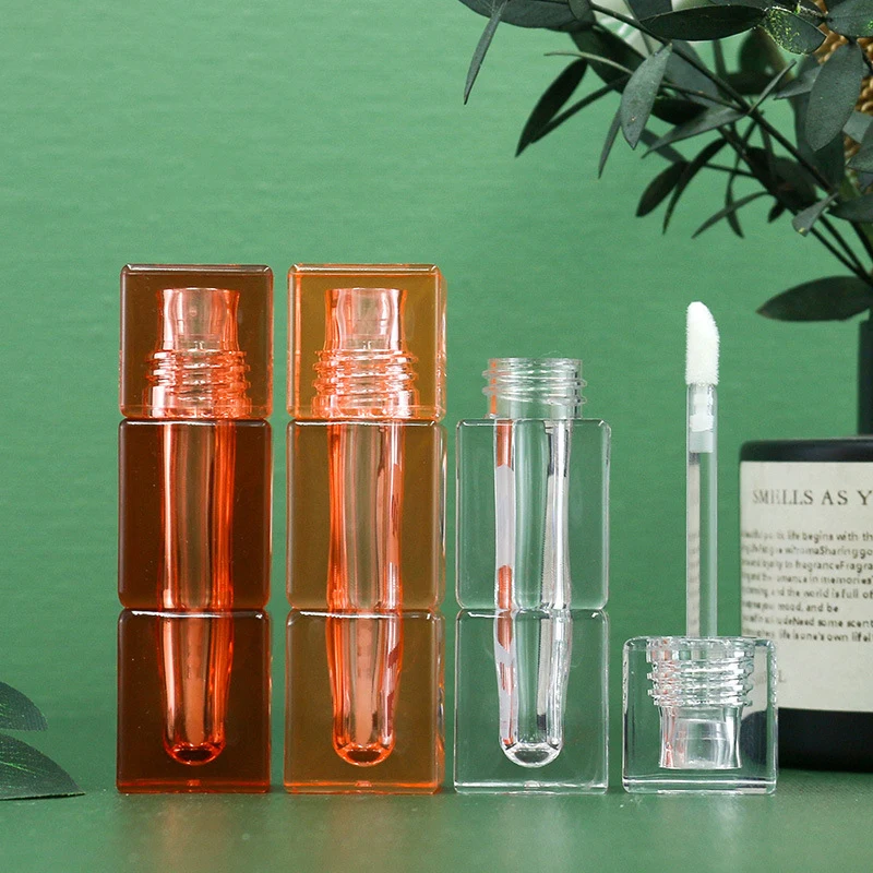 Wholesale Square Translucent Orange Lip Gloss Tube Cosmetic Packaging 4ml Mini Lip Gloss Container With Thick Bottle