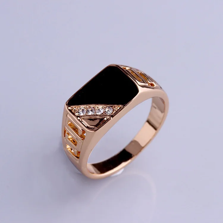 Fashion Male Jewelry Classic Gold Rhinestone Wedding Ring Black Enamel Rings for Men Christmas Party Gift