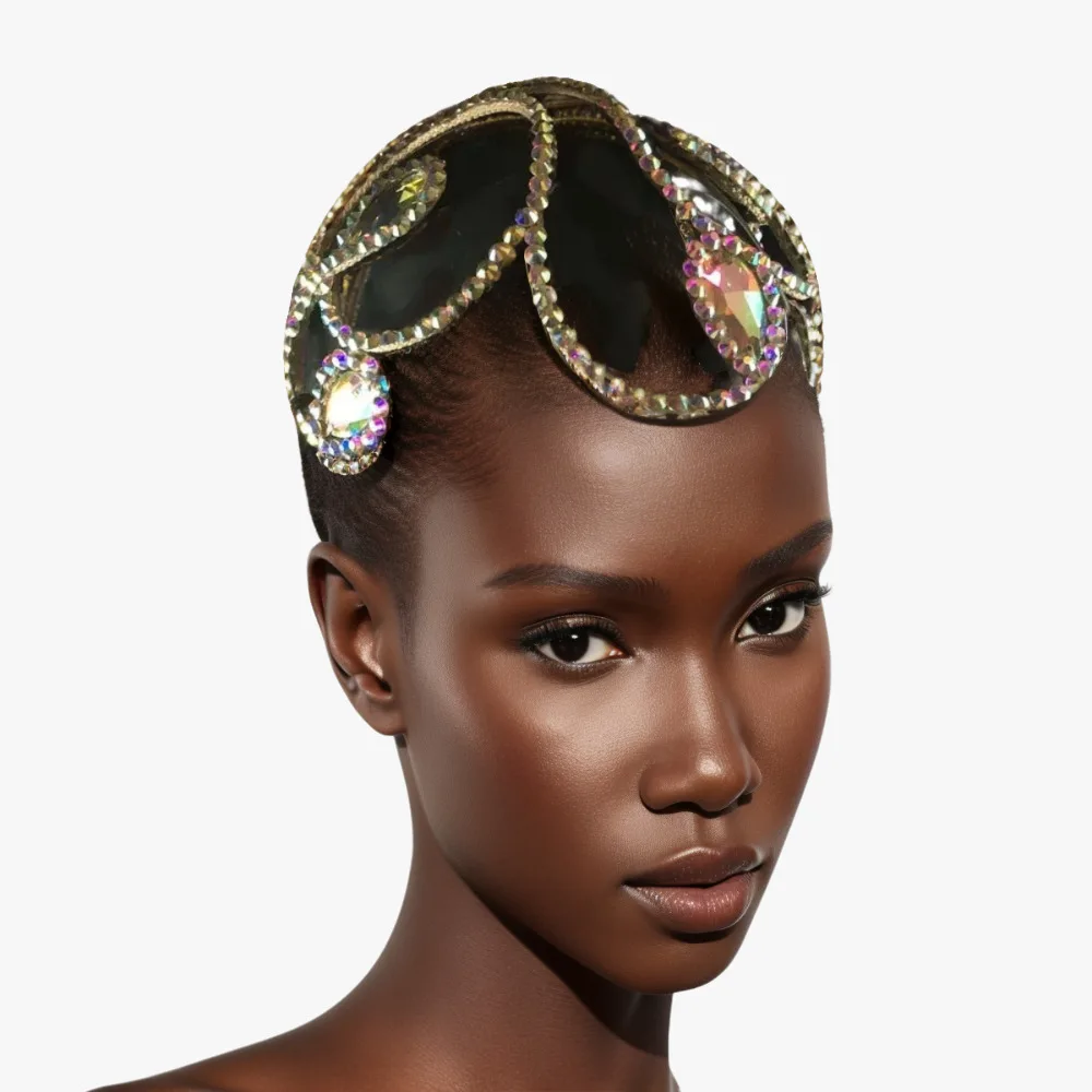 Geometric Rhinestone Tiara Crystal Hairpiece with Headband for Wedding, Bride, Belly Dance Party Hair Head Chain