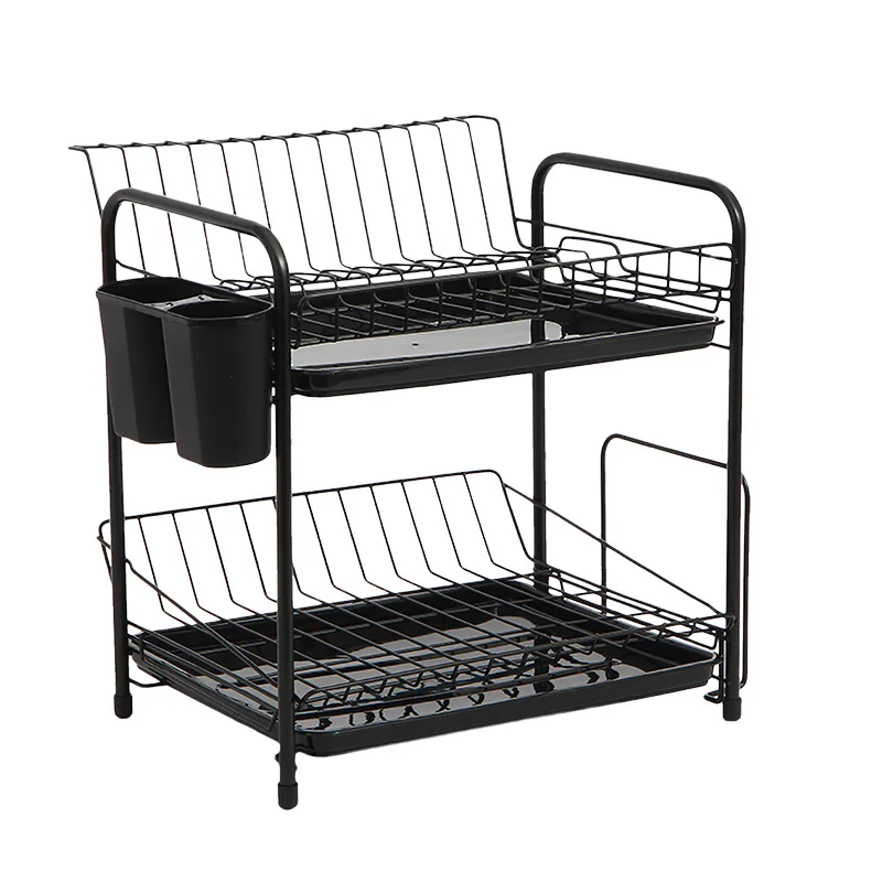 Iron Metal Wire Dish Rack Dryer of 2 Tier Kitchen Organizer Counter Stainless Steel Drainer Plate Storage Cup Rack with PP Tray
