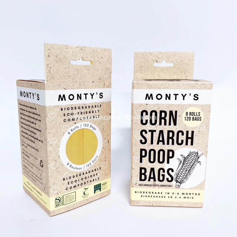 Custom logo bio-degradable kraft paper poop bags display box packaging box with hang tab