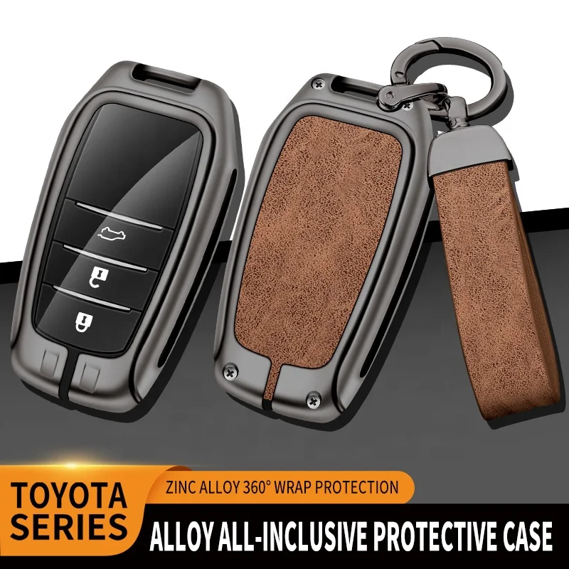 Aluminum zinc alloy cover+leather car brand logo key chain car remote fob key case fit for Toyota Highlander RAV4