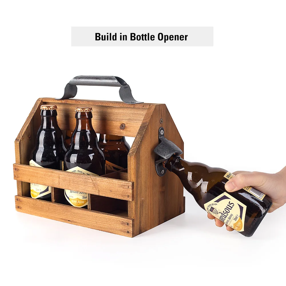 Wooden 6-Bottle Beer Bottle Portable Storage Basket with Detachable Interior and Equipped with a Metal Bottle Opener