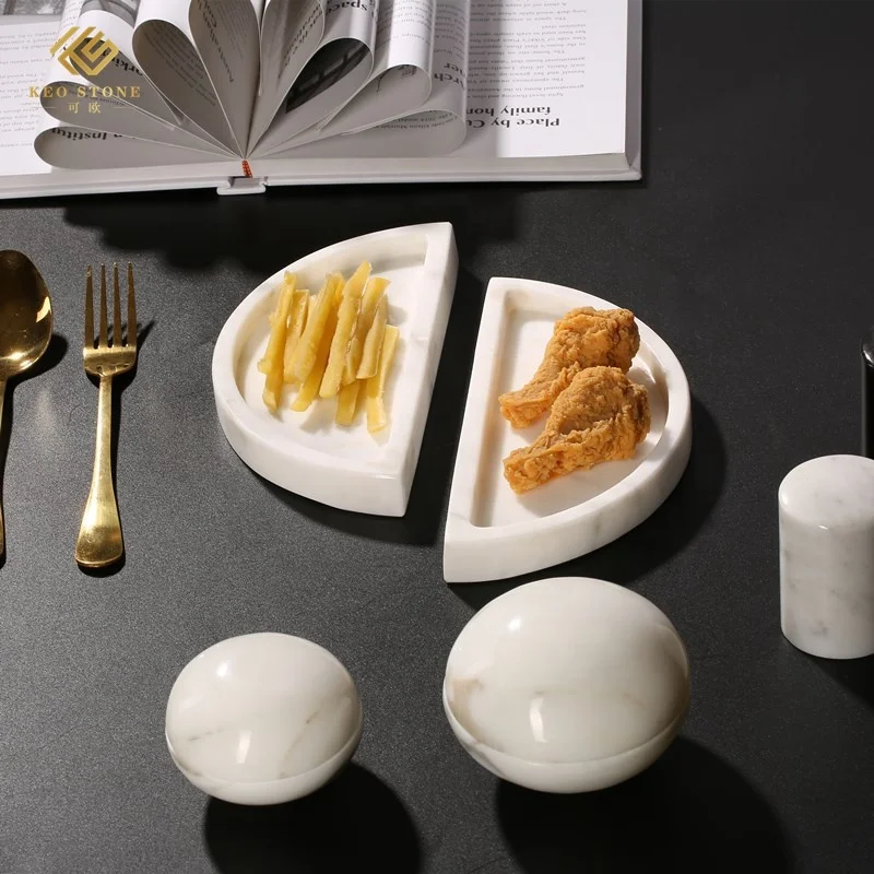 
Elegant mandarin duck half circle tray home hotel decoration food fragrant snow plum white marble plates 