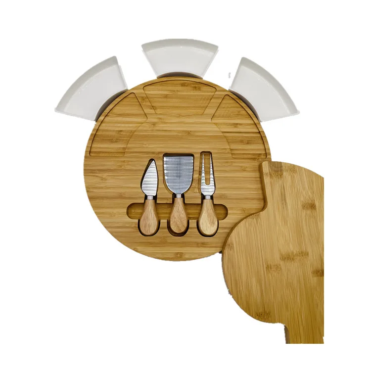 Wholesale acacia wooden cheese board set with black round ceramic server bowls