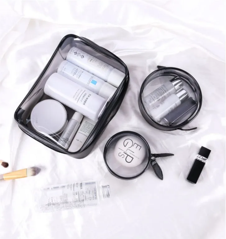 Korea Style stock customized 3pcs one set transparent PVC PET travel organizer cosmetic makeup bag pvc pouch set