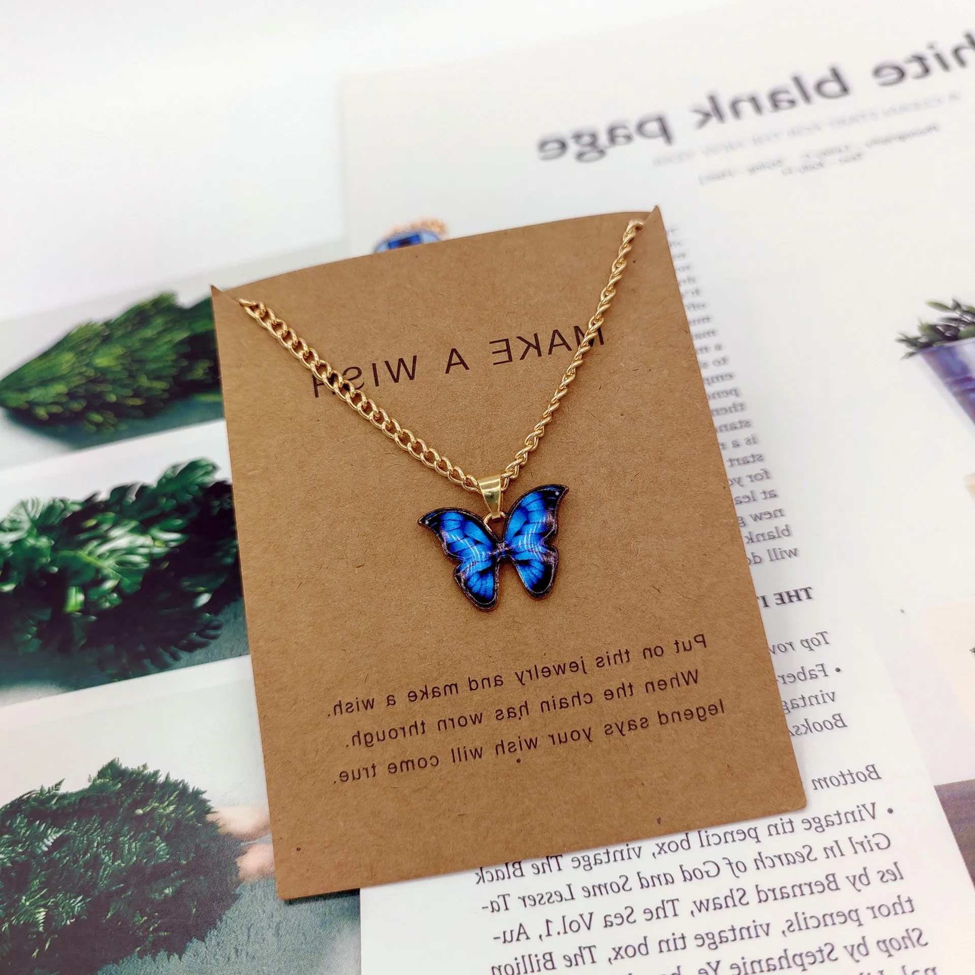 Landy new fashion alloy multi colors blue 18k real gold plated butterflies necklaces for girls