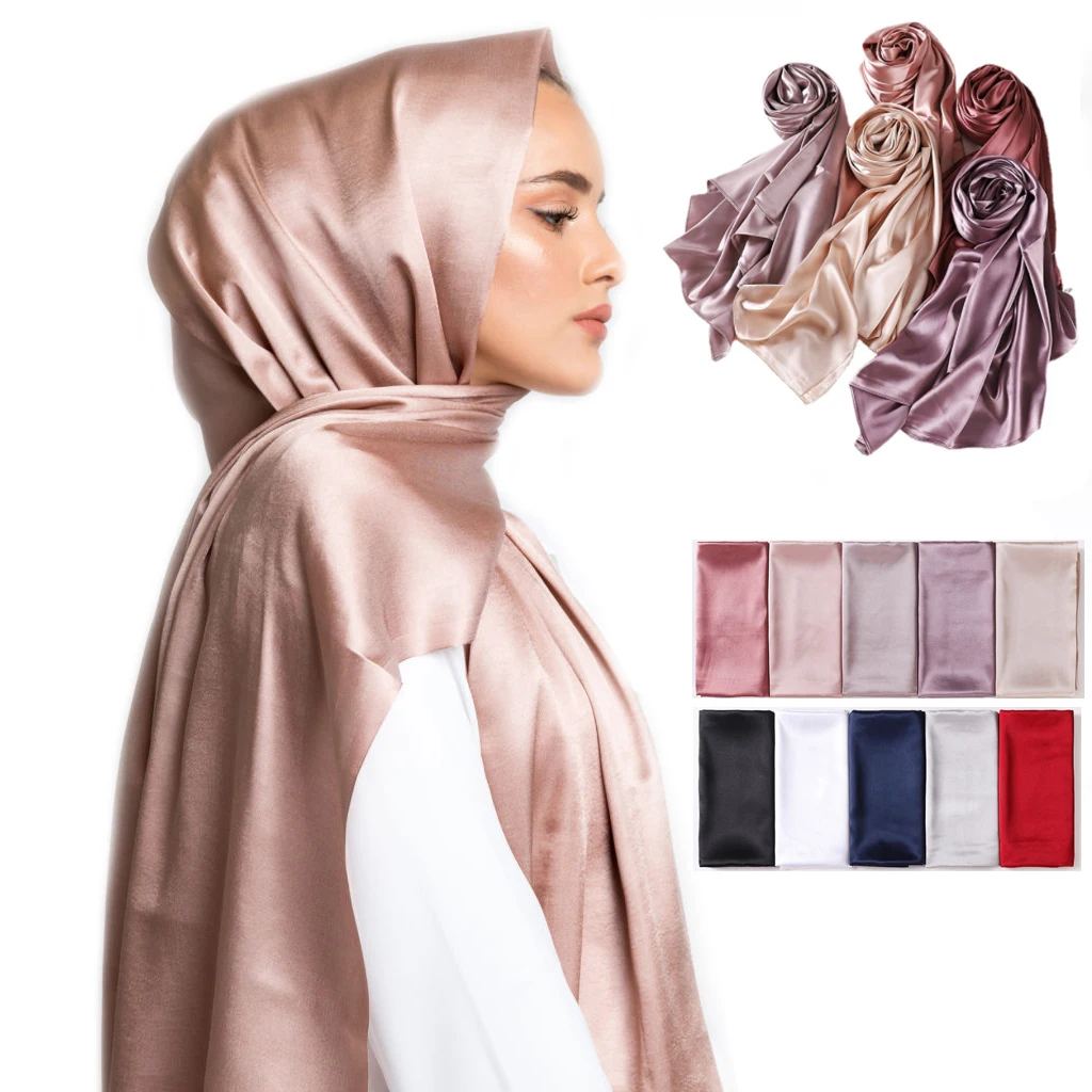 Wholesale High Quality Lightweight Malaysia Ladias Plain Color Satin Scarf Shawl Wrap Bawal Muna Muslim Women Silk Stain Hijabs