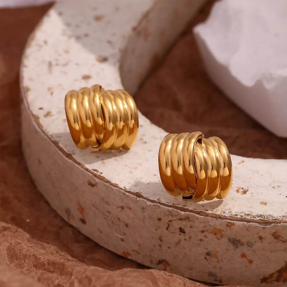 Stylish Three-layer Striped Stainless Steel PVD Gold Plated Cross Drop Earrings Prevent Allergy Women Unusual Jewelry Gift