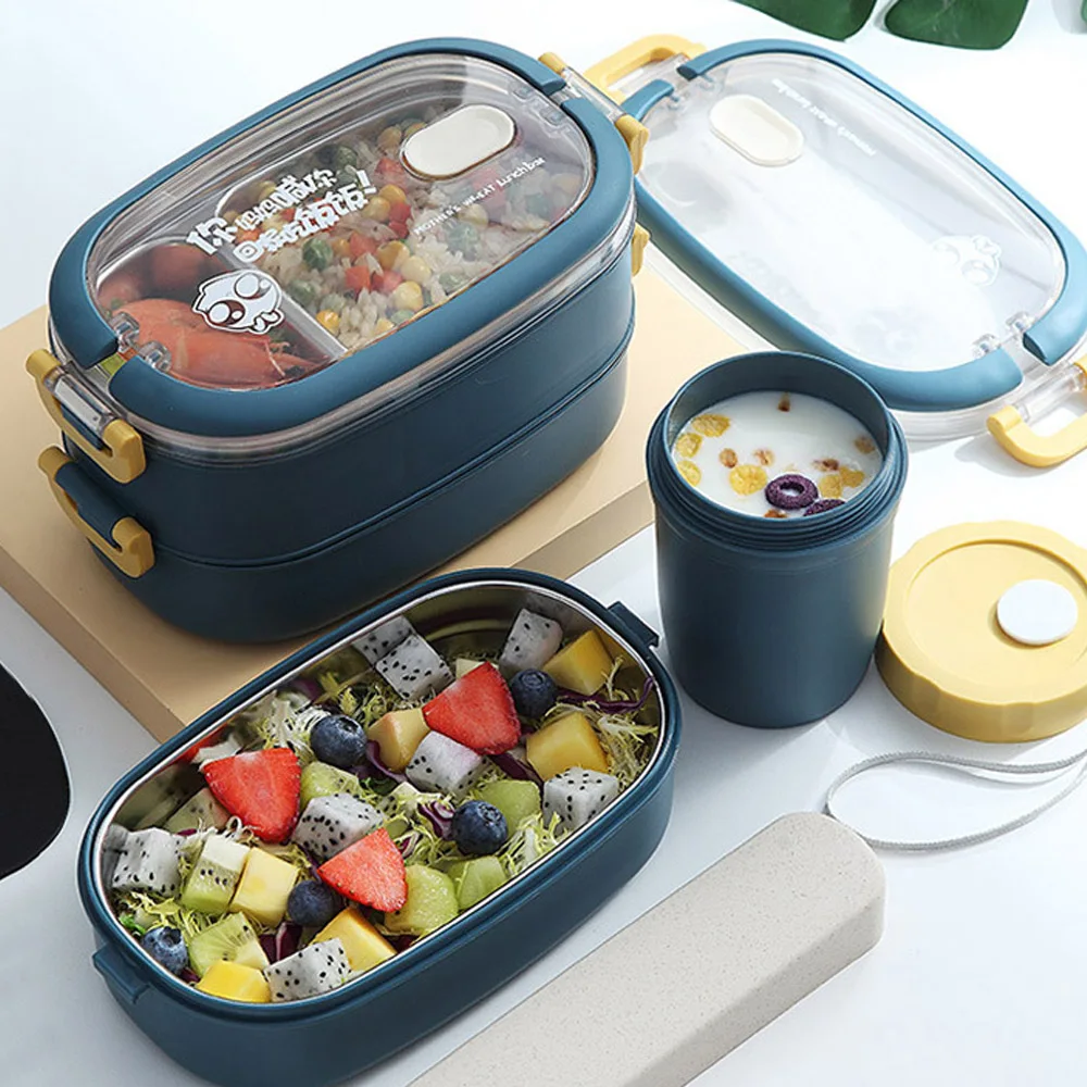 IKITCHEN Hot sale kids water bottle and lunch box airtight stainless steel tiffin box thermal 2 layer microwave bento lunch box