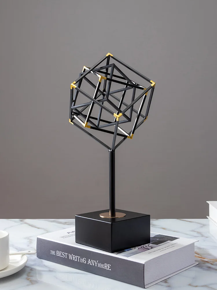 House interior accessories pieces luxury creative golden metal geometric square statue home decor for living room
