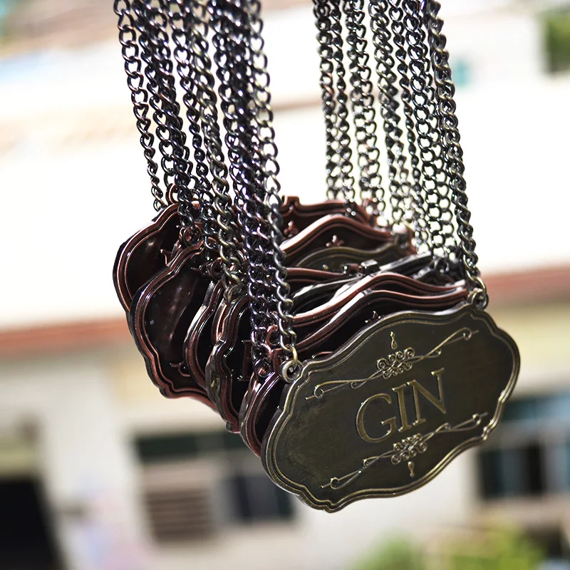 Modest luxurious style Custom zinc alloy Bottle Label metal logo metal sticker Adhesive metal wine label with chain