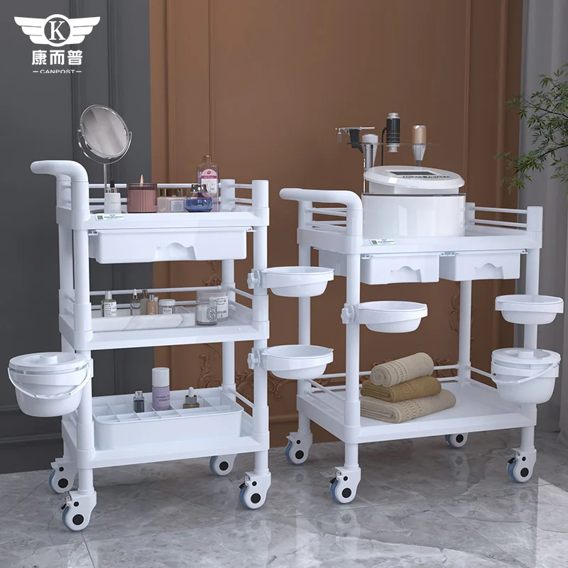 Triple ABS beauty salon trolley with drawer Spa bowl Dirt bucket Beauty Spa Car White Grey storage car Factory wholesale