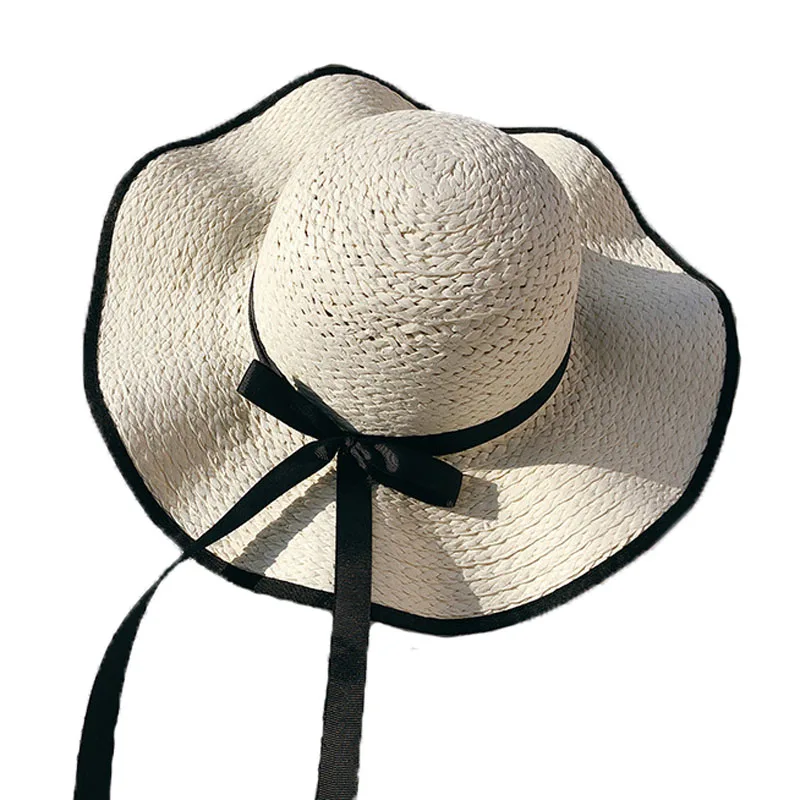 Wholesale Natural Wide Brim Wave black trimming Paper Floppy Straw hat