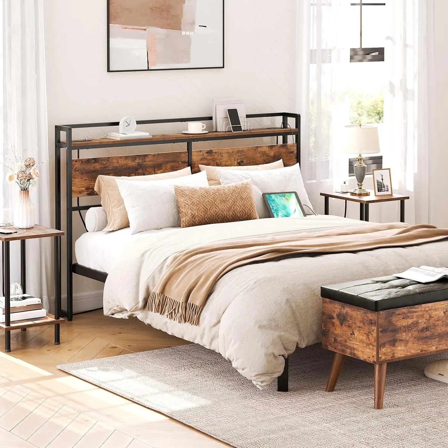 Large headboard with 2 sockets and 4 USB ports, adjustable height, storage rack, Bedside shelf nightstand