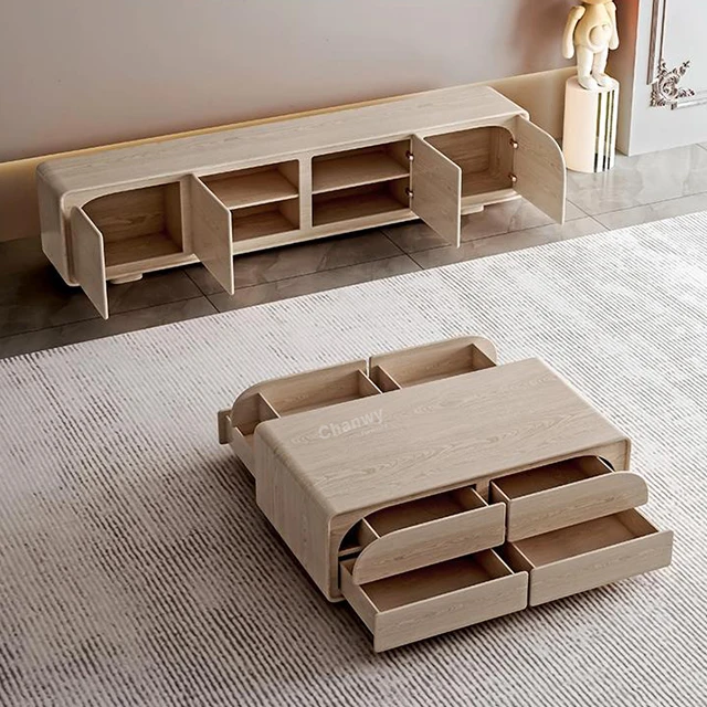 C71 Modern simple cream style household living room solid wood storage TV cabinet tea table combination