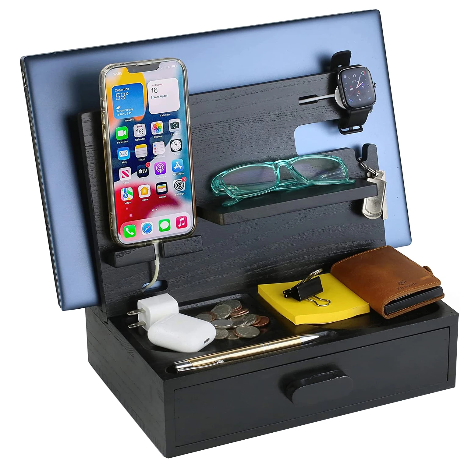 Men & Women Wood Phone Docking Station with Drawer Nightstand Organizer Station -charging Station desk organizer