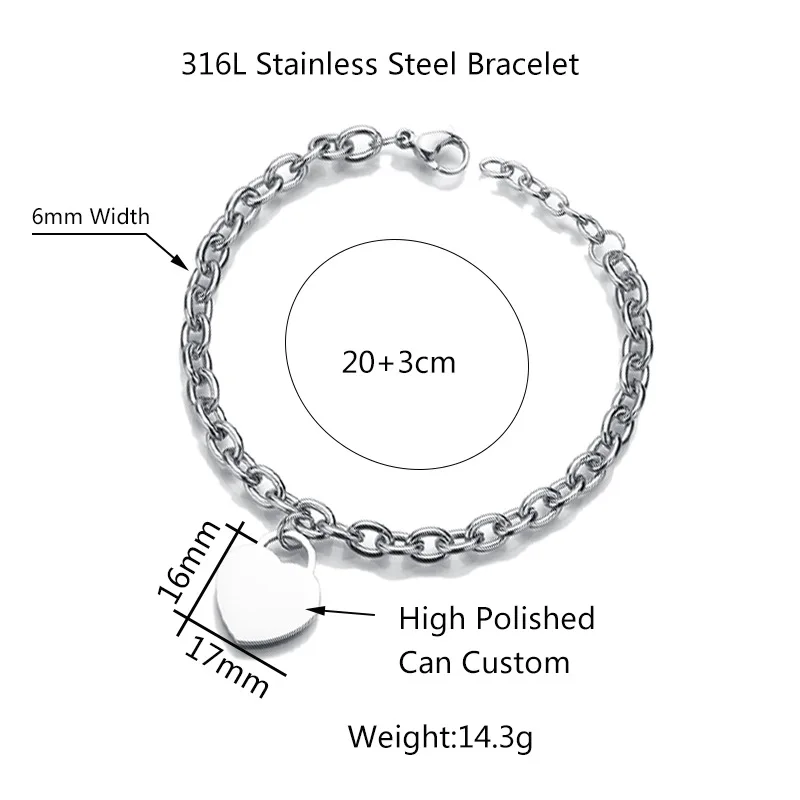 Hot Selling 2022 Toppik Jewelry Stainless Steel Chunky Chain Heart Charm DIY Lettering Name Engraving Bracelet