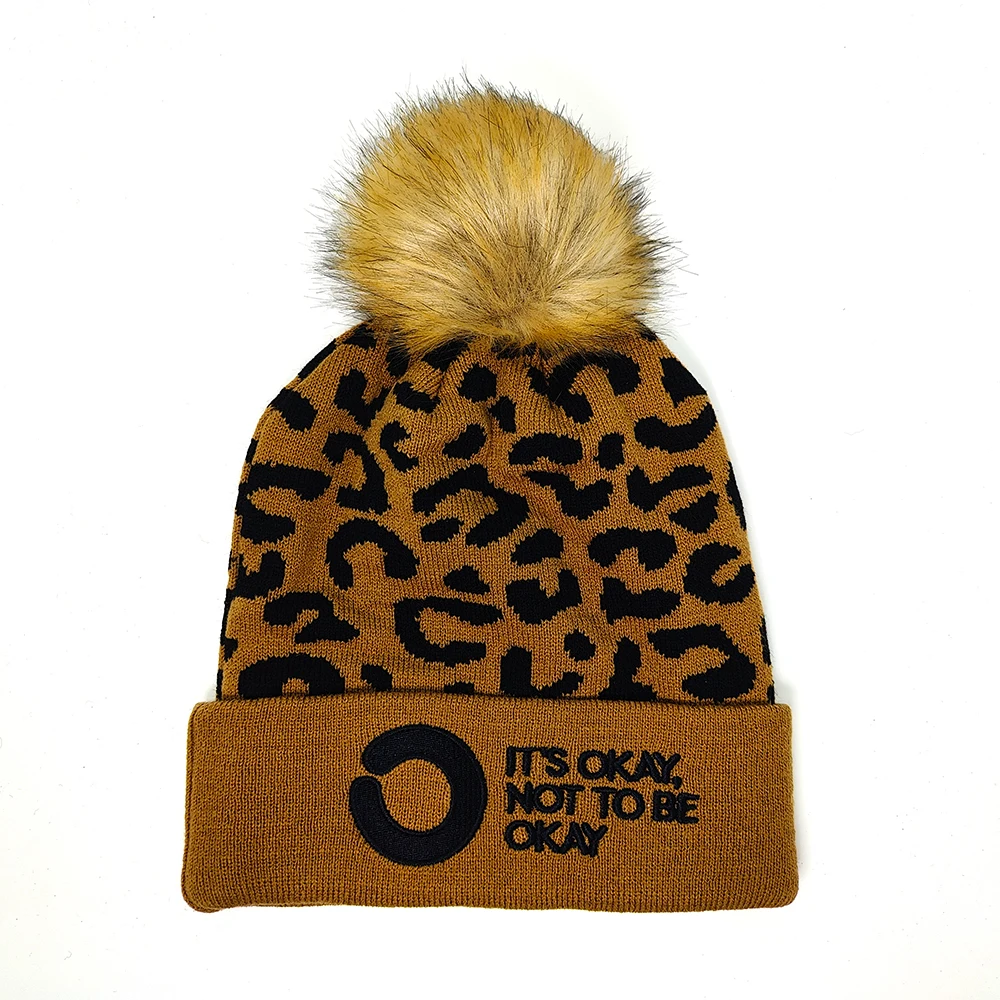 Winter warm woman satin lined beanie hat with fur pom