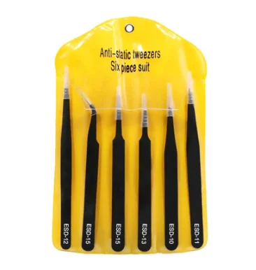 Set of 6 Stainless Steel Hardened Tip ESD Pointed Curved Tweezers