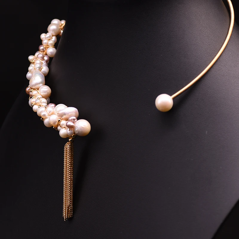 Natural Freshwater Pearl Tassel Choker Necklace For Women  Luxury Handmade Gold Plated Jewelry Custom Necklace