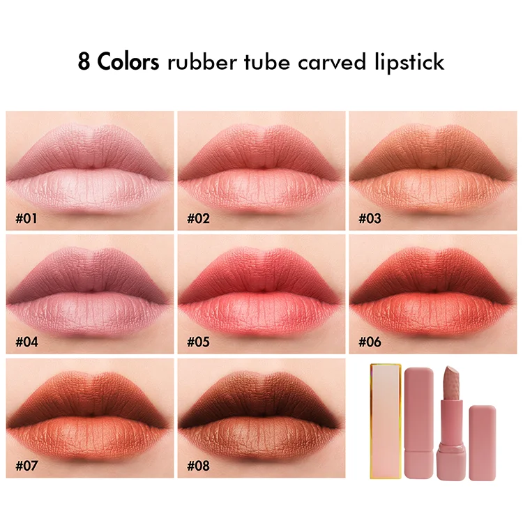 popular hot sale 8 colors rubber tube high pigment carved cute pink waterproof long lasting Korea makeup nude lipstick