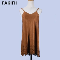 Ladies Dresses 2022 Summer Women Elegant Brown Suede Dress Sleeveless Hollow Out O Neck Dresses Women lady elegant