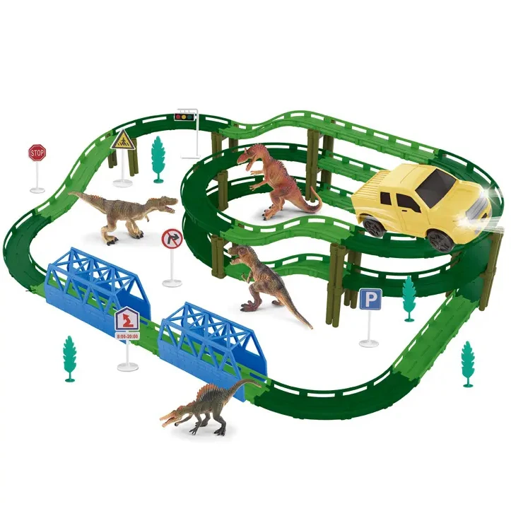 New Battery Operated Rail Race Car Slot Track Sets Toy Dinosaur Racing Track Car Adventure Toys