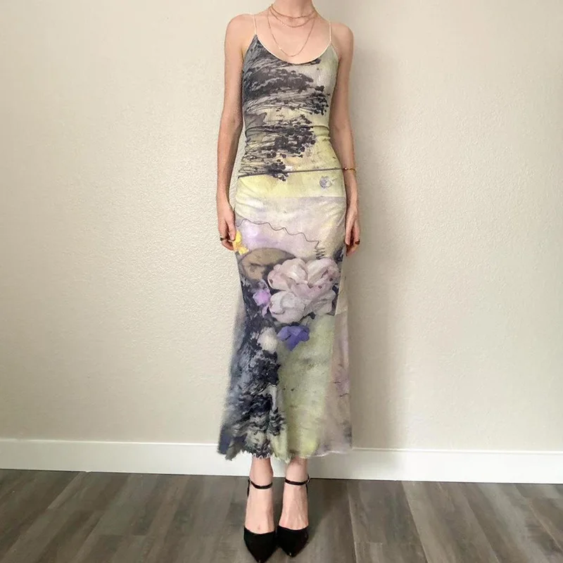 National style printing sleeveless skirt women sexy backless bodycon fitted tight A Swing Dress