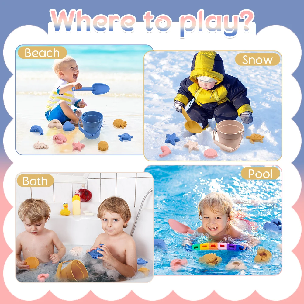 Summer Outdoor Soft Eco Friendly Silicone Beach Sand Toy Set For Kids Baby Silicone Sand Beach Bucket Set